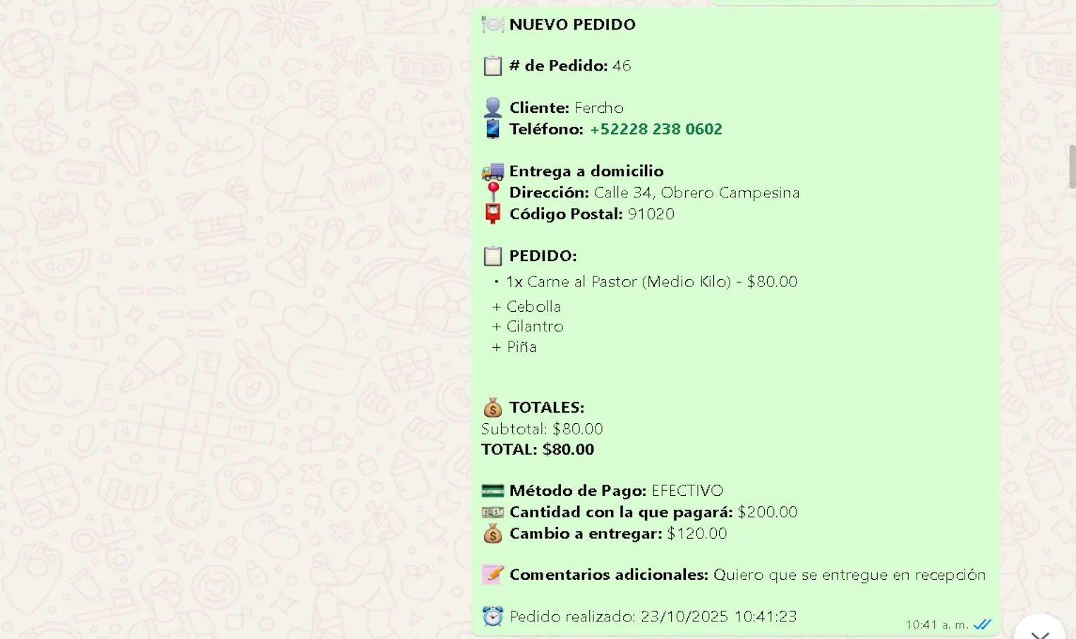 Preorden mensaje de whatsApp